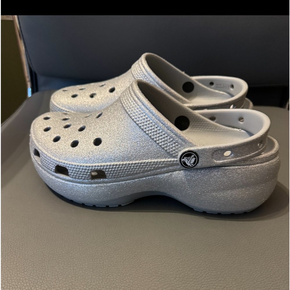 New silver platform crocs